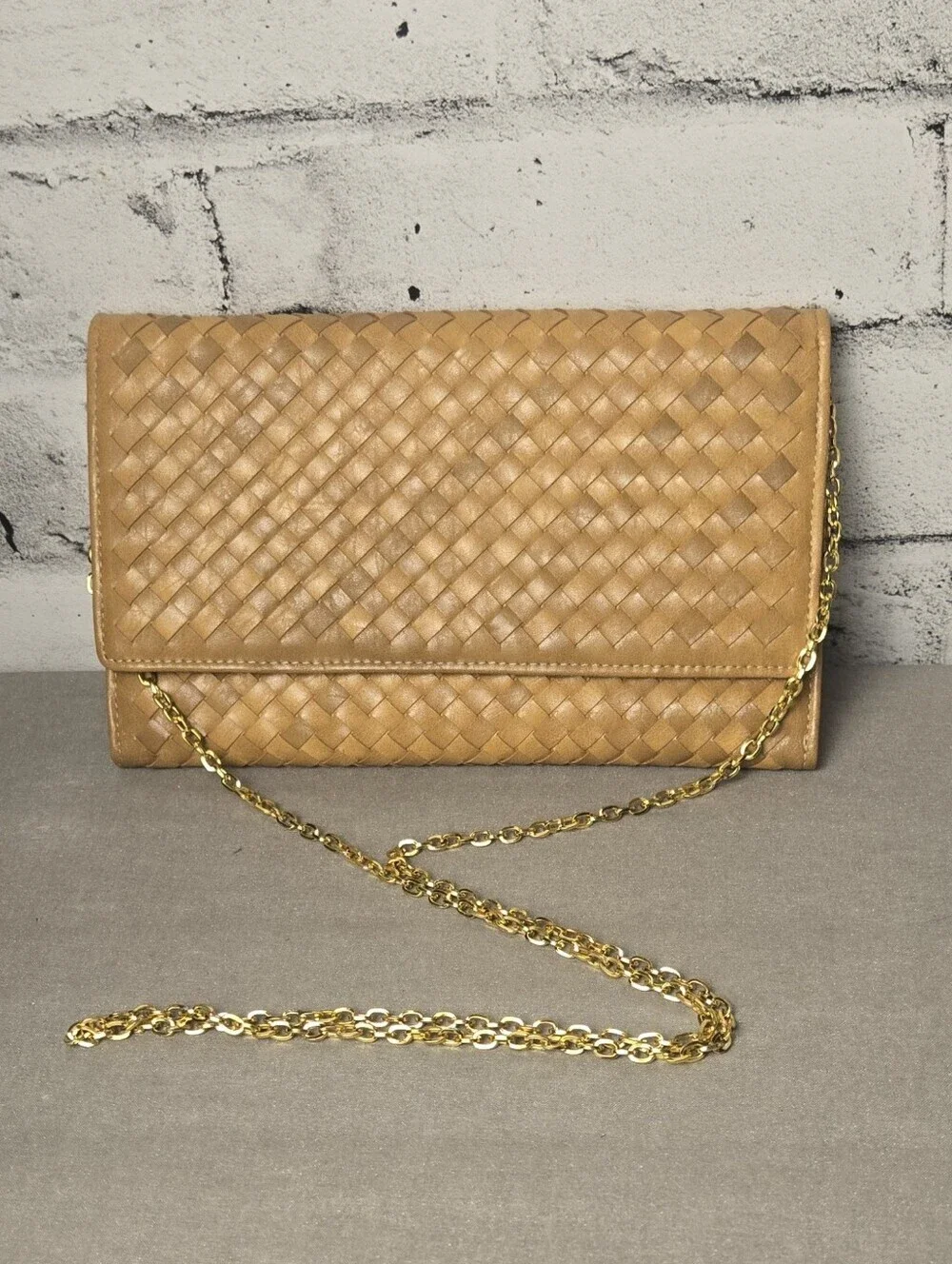 Woven Faux Leather Chain Clutch Crossbody Purse Tan Boho Shoulder Bag